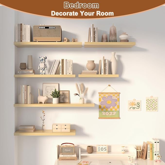 12 Inch Deep Floating Shelves for Wall 2 Pack Floating Shelfs Large Storage Space Wall Decor Display Shelf for Bathroom Living Room Bedroom Kitchen 48" W x 12" D x 1.2" H Natural Wood