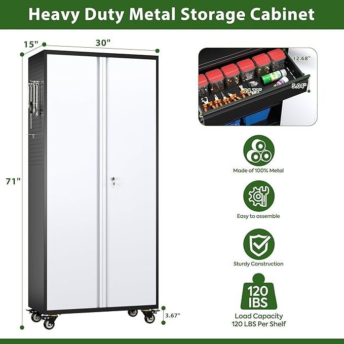 Aobabo Garage Storage Cabinet with Wheels, Metal Tool Storage Cabinet with 1 Drawer for Home,Assembly Required,Black&Grey
