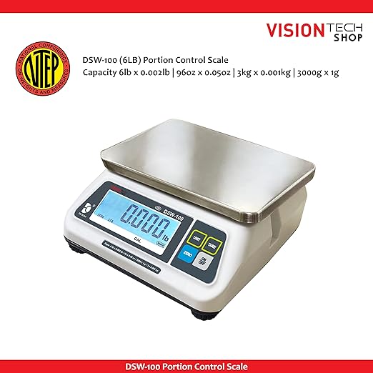 VisionTechShop DSW-100 Portion Food Scale with Single LCD Display, Stainless Steel Platter, 6lb Capacity, 0.002lb Readability, Lb/Oz/Kg/g Switchable, NTEP COC #22-007, NSF Certified