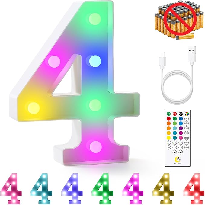 mooncow Rechargeable Light Up Letters,Colorful Marquee Letters with Remote,Gift Wrap Gifts,Bedroom Home Bar Party Decor (4)