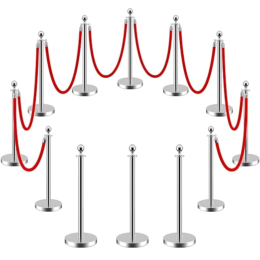 LOVMOR Crowd Control Stanchion, 12Pcs Silver Stanchion Posts Queue with 8pcs 5 ft/1.5 m Red Velvet Rope, Rope Barriers Crowd Control Barriers Queue Line for Hotel Theater Party Supplies