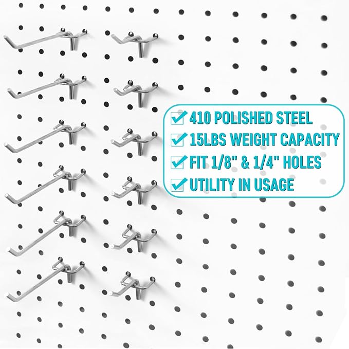 Pegboard Hooks Accessories - 62pcs 2/4/6 Inch Metal Peg Board Tool Hangers, Fits 1/8 1/4 Pegs Slots, Pegboard Wall Organizer Shelving Racks, Hanging Display Storage Holders for Garage Craft Office