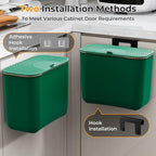 1.9 Gallon Hanging Trash Can - Small Under Sink Trash Can with Lid, Wall Mounted Garbage Bin for Kitchen & Bathroom Cupboard, Odor-Control, Extended Clamping Ring, Green