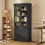 Vyre 71" Tall Farmhouse Bookshelves with Glass Doors and Drawers, Set of 3 – Large Modular Bookcase with Adjustable Shelves, Storage Cabinet for Living Room, Kitchen, Black