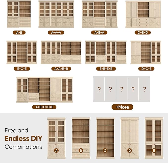 70.8" Bookshelf with Glass Doors, Farmhouse Modular Bookcase with 6-Tier Adjustable Shelves, Large Storage Cabinet for Living Room & Home Office, Set of 3, Brown