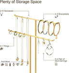 pickpiff Necklace Holder Jewelry Organizer Stand – 2‑Tier T‑Bar Jewelry Display Tree with Tray for Countertop Necklace Bracelet Earring Storage, Vanity Dresser Bathroom Sink, Gold