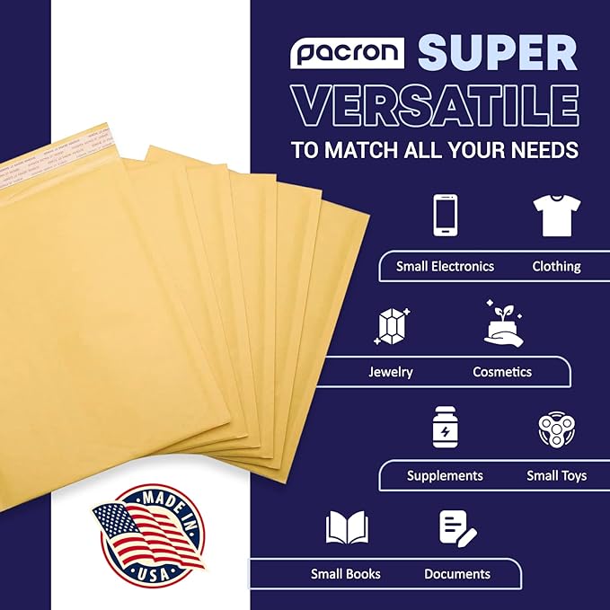 Kraft Bubble Mailers 200 Pack, 9.5 x 14.5 Inch Padded Shipping Envelopes, Yellow Mailing Envelopes for Documents & Packages, Durable & Lightweight, Made in USA