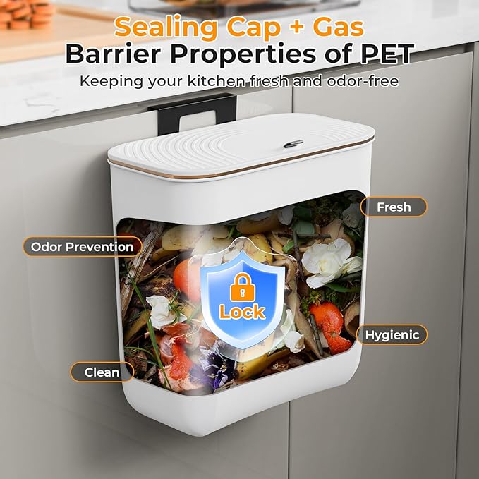 2.4 Gallon Hanging Trash Can - Small Under Sink Trash Can with Lid, Wall Mounted Garbage Bin for Kitchen & Bathroom Cupboard, Odor-Control, Extended Clamping Ring, White
