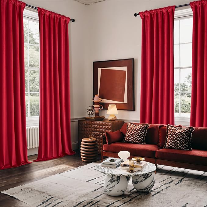 MIULEE Christmas Velvet Curtains 96 Inches Long 2 Panels Set for Bedroom, Pinch Pleat Back Tab Thermal Insulated Living Room Darkening Drapes Pleated Blackout Floor to Ceiling Curtain with Hooks, Red