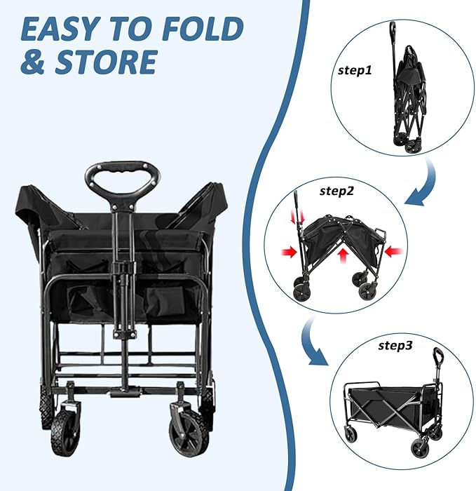 Collapsible Utility Cart Folding Wagon, 220 lbs Capacity Lightweight Rolling Cart with Quiet Wheels, Quick-Fold Design for Camping, Shopping, Ourdoor Use, Black