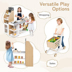 HONEY JOY Kids Grocery Store Playset, Wooden Grocery Store Pretend Play w/Cart, Cash Register Stand w/Coins, Chalkboard, Toddler Supermarket Play Toy for Boys Girls(Play Food Not Included)