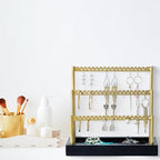 SANY DAYO HOME 3-Tier Earring Holder Organizer Stand, 105 Holes Gold Metal Earring Rack Jewelry Display Tree with Black Wood Tray for Women and Girls