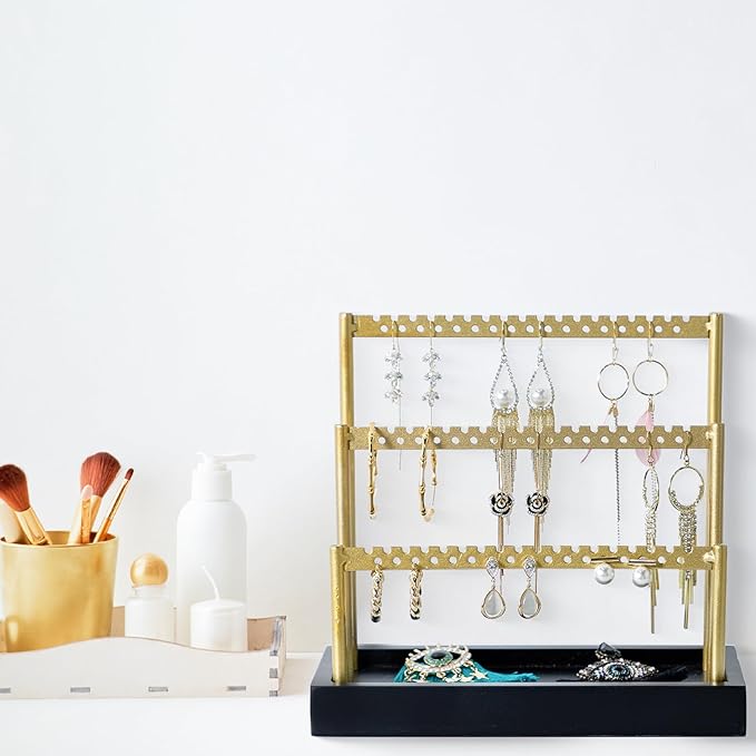 SANY DAYO HOME 3-Tier Earring Holder Organizer Stand, 105 Holes Gold Metal Earring Rack Jewelry Display Tree with Black Wood Tray for Women and Girls