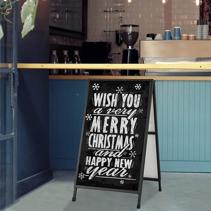 Heavy Duty A-Frame Sidewalk Sign 24 x 36 Inch, Portable Double-Sided Sandwich Board Slide-in Folding Metal Signboard with 2 Plastic Poster Boards