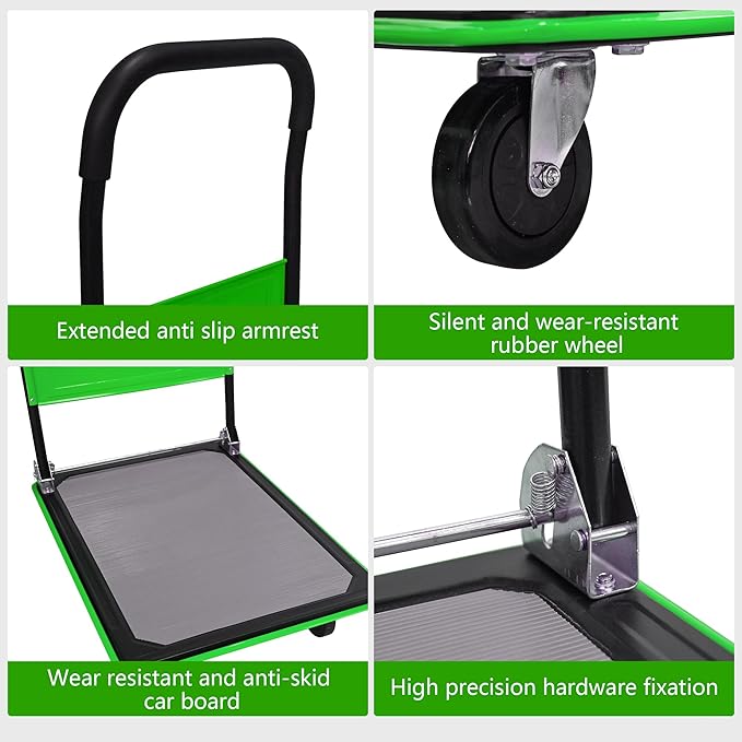 660lbs Large Size Heavy Duty Green Flatbed Cart, Folding Platform Hand Truck with 360° Swivel Silent Wheels, Steel Push Dolly for Warehouse & Moving