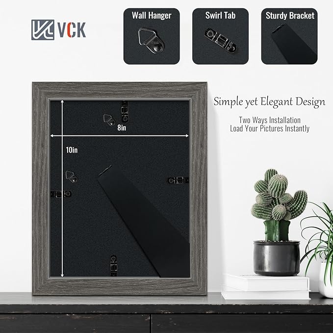 VCK 8x10 Picture Frame 2 Pack - Grey, High-End Wood Poster Frames with Tempered Glass, Display 5x7 Photo with Mat or 8x10 without Mat, Art Gallery-Quality, Wall Hanging/Tabletop, Grey