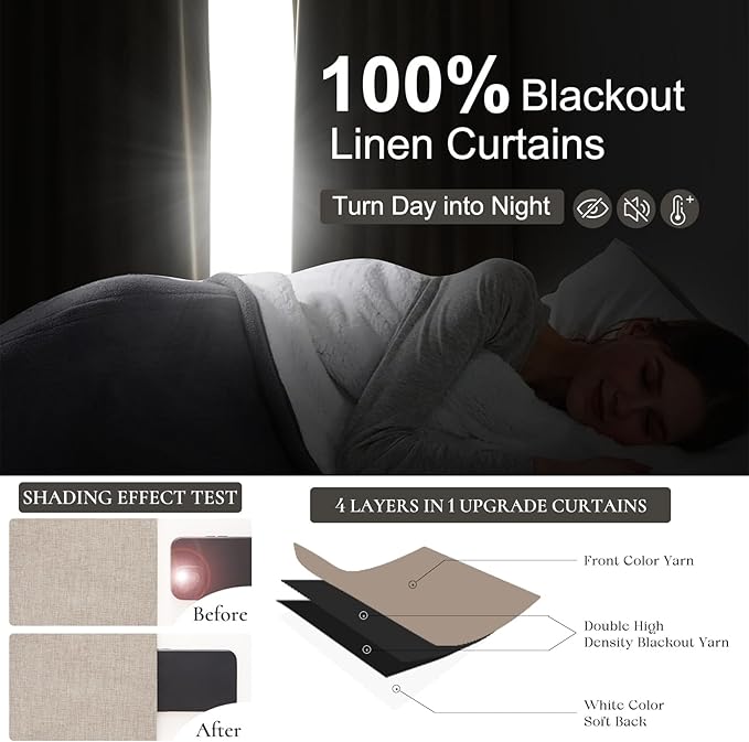 Black Out Linen Boho Curtains 72 Inch Long, Living/Bedroom Curtains 72 Inches Length 2 Panels Set Drapes for Window Energy Saving Noise Reducing Nursery (50" W x 72" L) Back Tab,Hook Belt