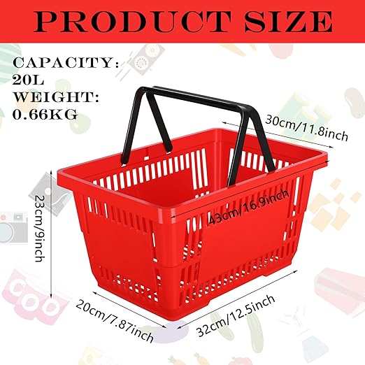 12 Pcs Shopping Baskets 20 L Plastic Store Retail Baskets with Handles 16.9 * 11.8 * 9.1 Inches for Market Grocery Supplies Thrift Convenience Storage(Red)