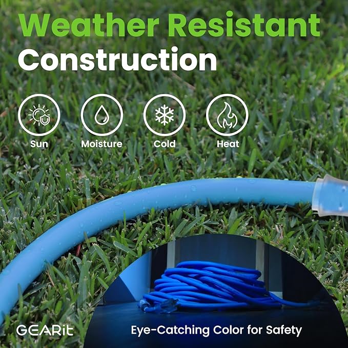 GEARit Outdoor 12 AWG Gauge 3 Prong Plug, Extension Cord, Ultra Heavy Duty SJEOW, 12/3, for Indoor/Outdoor, LED Lighted Plug, Resistant Rubber Jacket, Extreme Weather, 100 Feet, Blue