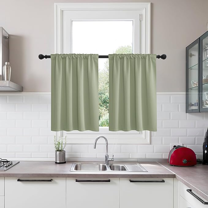 KGORGE Room Darkening Curtains 36 inch for Bedroom, Privacy Solid Thermal Insulation Noise Reducing Small Window Curtains for Bathroom Basement Office, W34 x L36, Sage Green, 2 Panels