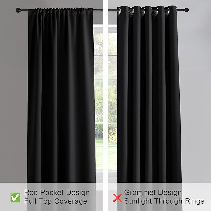 PONY DANCE Black Out Window Curtains - Thermal Insulated Curtains and Drapes Window Treatments Light Block Short Blinds Rod Pocket for Bedroom, W 52 x L 63 inches, Black, 1 Pair