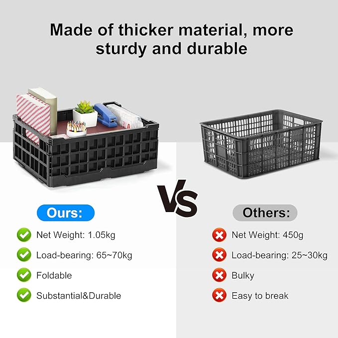 4-Pack Heavy Duty Stackable Storage Crates Plastic Collapsible Milk Crate Garage Organizing Bins Storage Containers for Home Office Moving Supplies, Black