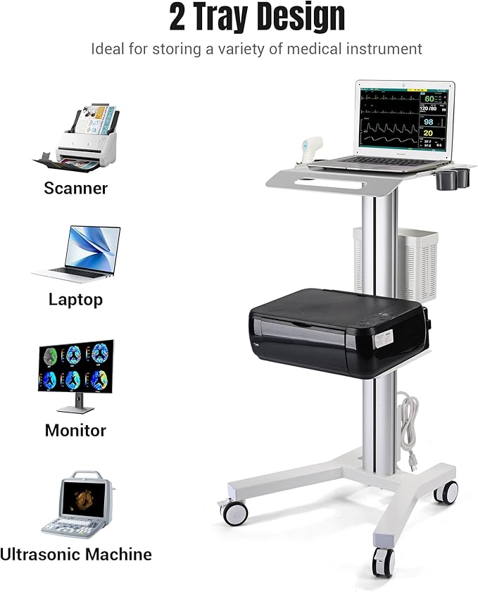 Yescom Medical Mobile Laptop Cart Rolling PC Stand Computer Workstation on Wheels with Handle 220 Lbs Capacity CPU Printer Power Strip Holder for Dentistry Clinic Lap Hospital White