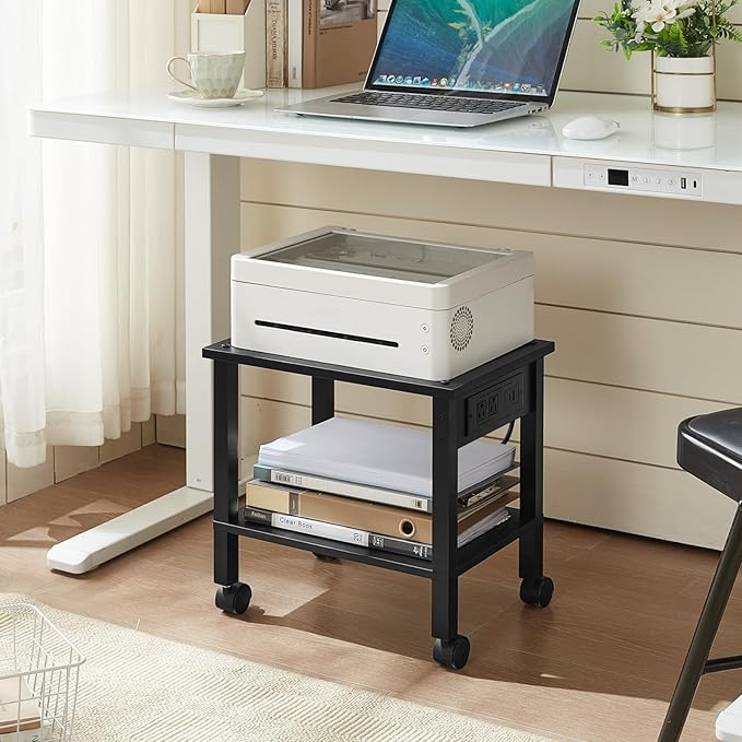 2 Tier Under Desk Printer Stand with Storage, Small Printer Table with Charging Station, Rolling Printer Cart Shelf with Lockable Wheels for Home, Office (Black)