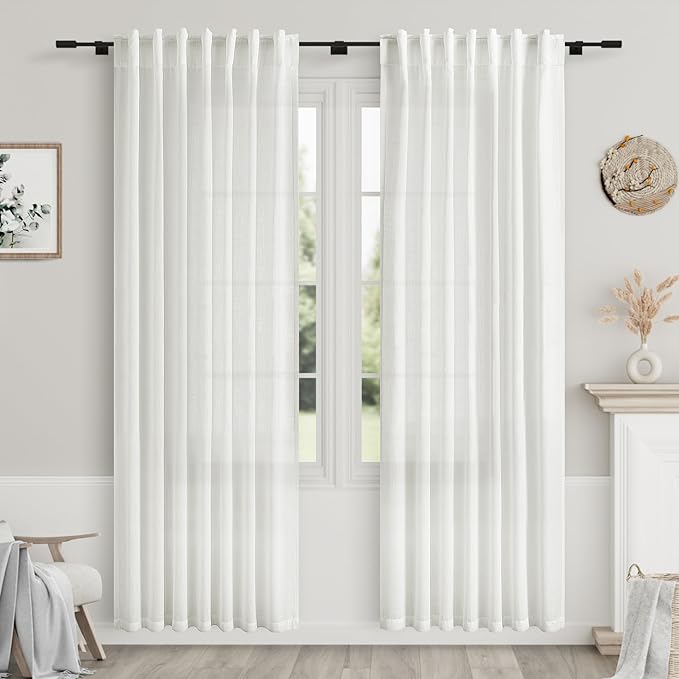 Nanspring Off White Semi Sheer Linen Curtains 78 inch Length for Living Room Back Tab Rod Pocket Modern Farmhouse Coastal Decor Off White Cotton Textured Gauze Curtains for Dining Room Office 52x78