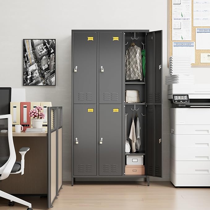 Aobabo Upgraded Metal Storage Locker for Employees, 6 Doors Metal Lockers Cabinet with Lock and Name Card Slot, Industrial Storage with 18 Hooks, for Office Gym, Assembly Required, Black