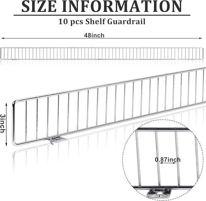 10 Pcs Retail Gondola Shelf Front Wire Fence Guard Rail 48" x 3" Sturdy Metal Supermarket Guardrail Chrome Commodity Organization Baffle Display Enhancer for Retail Stores Fruit Fresh Food