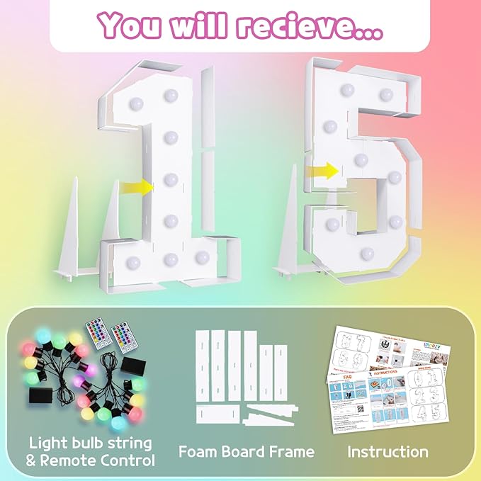 Marquee Numbers Colorful 15th Birthday Decoration: 4FT Large Light Up Quinceanera Birthday Decorations Anniversary Backdrop Cardboard Sign 18 Colors Number 15 Mosaic Balloon Frame