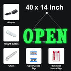 40"x14" Large LED Open Signs for Business Super Bright Unique Design Green Open Sign with Hanging Installation for Window Stores Bar Hotel Retail Shops Salon Restaurant Office