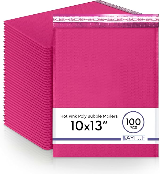 Hot Pink 10x13 Inch Poly Bubble Mailers |Self Seal Padded Envelopes for Thick books | Air Cushioned Bubble Mailer | Usable Size 9.5x13 | Waterproof Lightweight Mailing Shipping Bags | 100 Pack Bulk