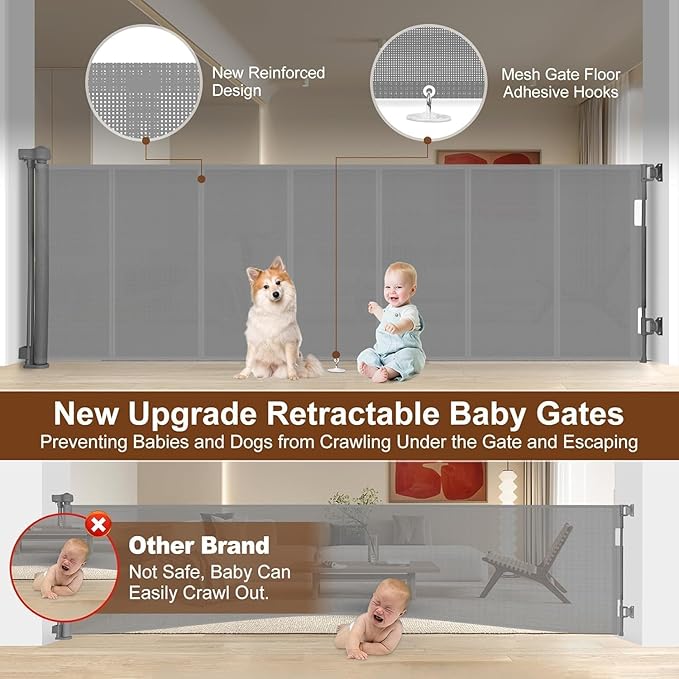 100 inch Retractable Baby Gates 34 inch Tall, Retractable Gate with Reinforced Strip Design to Prevent Crawling Through, 8 FT Extra Wide Retractable Dog Gate for Indoor/Outdoor