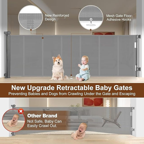 100 inch Retractable Baby Gates 34 inch Tall, Retractable Gate with Reinforced Strip Design to Prevent Crawling Through, 8 FT Extra Wide Retractable Dog Gate for Indoor/Outdoor