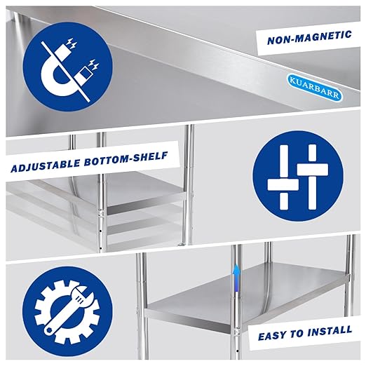 Stainless Steel Table for Prep & Work with Backsplash 24 x 30 Inches NSF Metal Commercial Kitchen Adjustable Under Shelf Worktable for Restaurant Home Outdoor