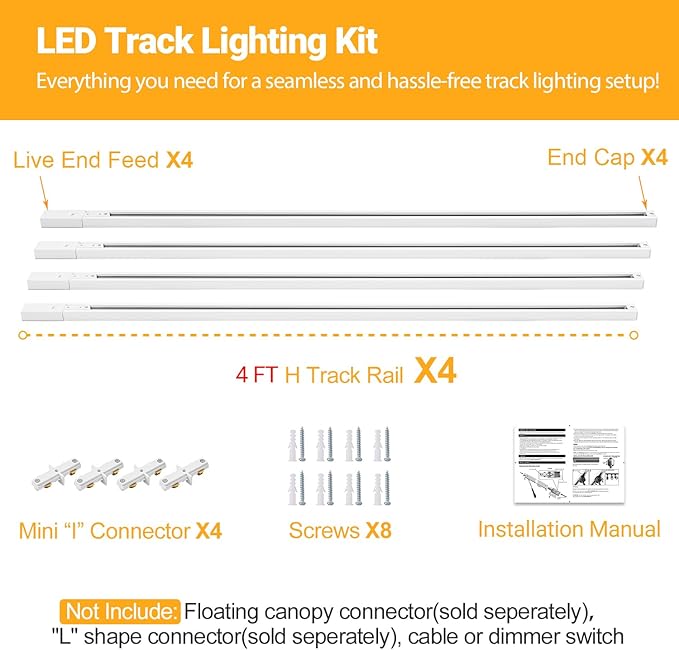 VANoopee 16FT H Track Lghting Rails H Type Track Light Rails White H Track Rail Kit, End Caps & Live End Feed Connector Included, Compatible with Single Circuit 120V H Style Track System & Track Heads