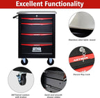 4 Drawers Tool Cart on Wheels with Stainless Steel Worktop, Heavy Duty Mobile Rolling Drawer Tool Chest with Locking Wheels & Lockable Drawers, Garage Tool Storage Cabinet (Black, 4 Drawers)