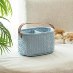 Blue Oval Double Compartment Pleated Fabric Basket - Quilted Fabric Storage Basket with PU Carrying Handle - Collapsible Organizer for Home, Picnic, Shopping, Traveling