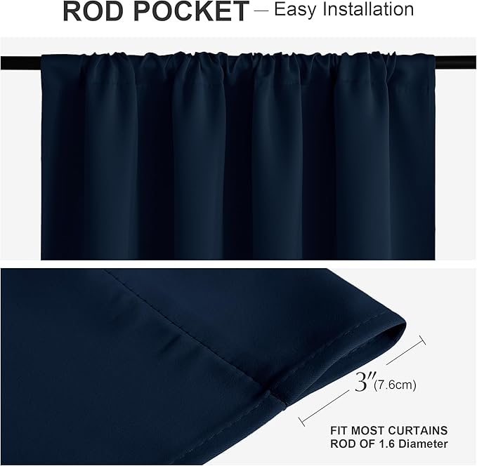 PONY DANCE Blackout Curtains for Kitchen - Light Blocking Thermal Insulated Rod Pocket Draperies Energy Saving/Short Window Treatments, 42 Wide by 54 inch Drop, Navy Blue, 2 Panels