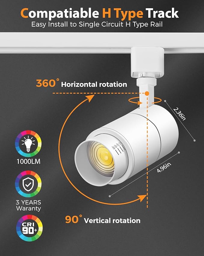 VANoopee 3-Color Zoomable 10W LED Track Lighting Heads H Type Track Light Heads Dimmable Bright Ceiling Spotlight Fixtures Accent Art, 3000K 4000K 5000K Adjustable, CRI90+ 15°-60° 1000lm White 6 Pack