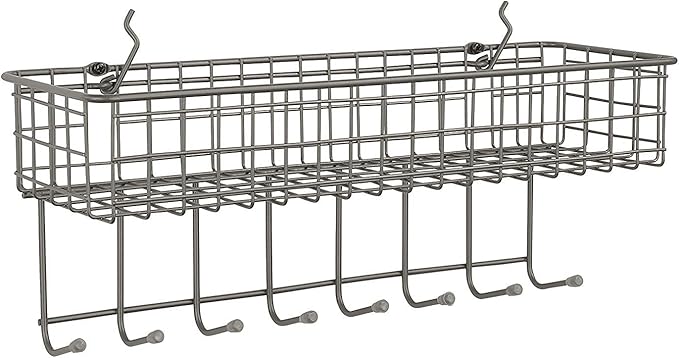 Spectrum Pegboard & Wall Mount Wire Basket With 8-Hook Station (Industrial Gray) - Storage & Organizer For Garage, Tools, Shed, Home, Work Bench, Crafts, & More
