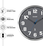 Sharp Atomic Analog Wall Clock - 12" Grey Face, Silver Brushed Finish - Sets Automatically- Battery Operated - Easy to Read - Easy to Use – Modern Design and Style