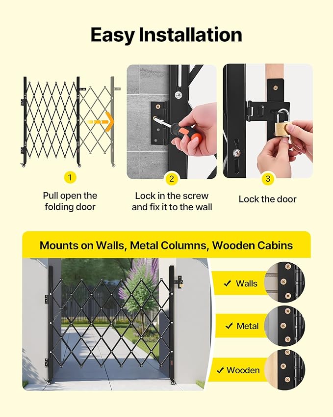 VEVOR Single Folding Security Gate, Lockable Scissor Gate with 360° Swivel Casters, Outdoor Barricade Steel Retractable Gates, for Entry Security, Garage, Warehouse & Pool, 43.31 x 51.57 in (W x H)