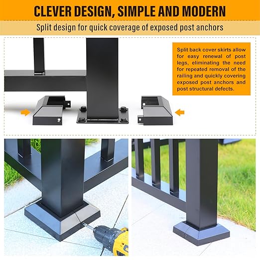 3.0"x3.0"（Actual: 3.0"x3.0"） Deck Post Base Cover Decorative Post Base Trim Skirt Black Aluminum 8Pack
