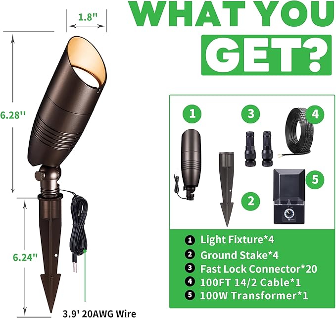 Low Voltage Landscape Lighting Kit, 4 Pack 3000K/4000K/5000K Adjustable Spotlights and 100W Transformer and 100FT Cable and 20 Wire Connectors, Aluminum ORB Waterproof Uplight for Tree Yard