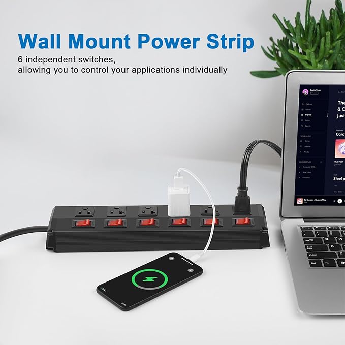 CCCEI Metal Power Strip Individual Switches 6 Outlets, Heavy Duty Power Strip 20Amp Surge Protector for Appliances, 6FT Extension Cord Strip, 1200J Surge Protector 20A 125V 2500W.