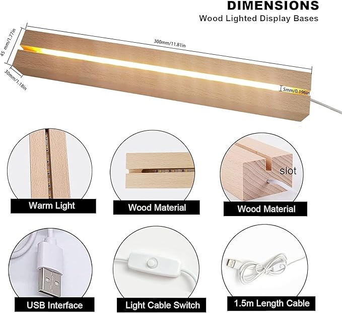 11.81 inch Rectangle Display Pedestal, Warm Color Rectangle Led Lights Display Base, Crystal Wooden Lighted Base Stand for Acrylic, Crystal, Night Light, Glass Resin Art