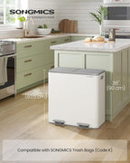 SONGMICS Trash Can, 2 x 10.6 Gallon (2 x 40 L) Garbage Can for Kitchen, with 15 Trash Bags, 2 Compartments, Plastic Inner Buckets and Hinged Lids, Airtight, White and Gray ULTB730W80